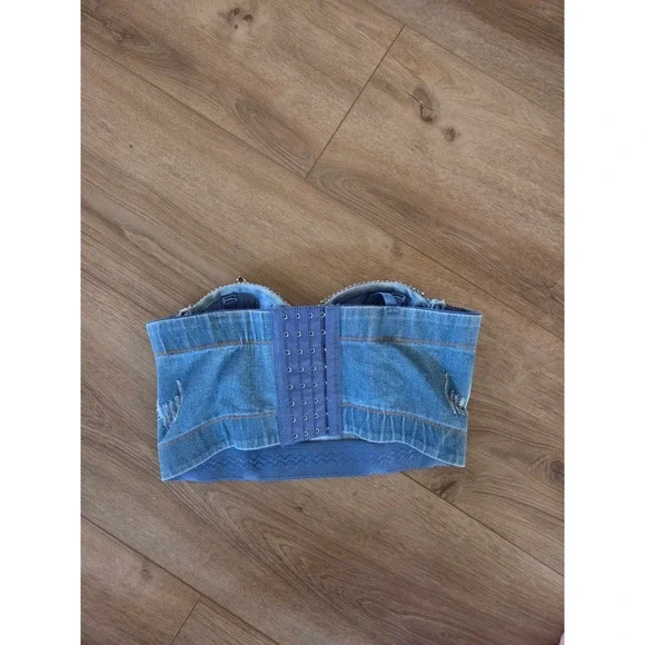 Y2K Denim Rhinestone Fringe Corset Top Lingerie Strap or Strapless‎ Bustier - Picture 6 of 6